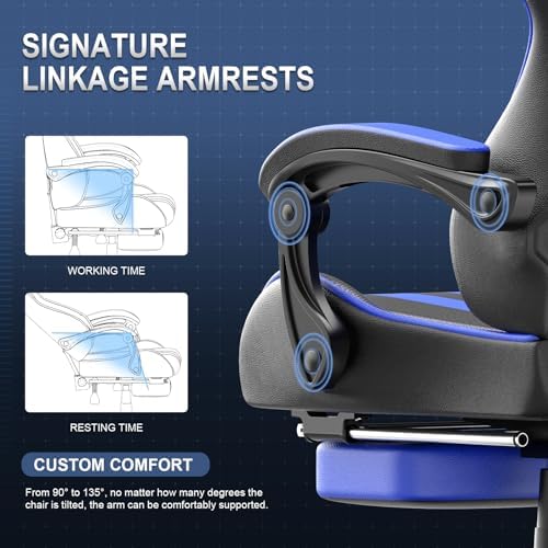 Huracan Gaming Chair with Footrest, Ergonomic Computer Chair Lumbar Support, Adjustable High Back Recliner for Adults, Racing Style Video Gaming Chairs, for Home Office Streaming, Navy