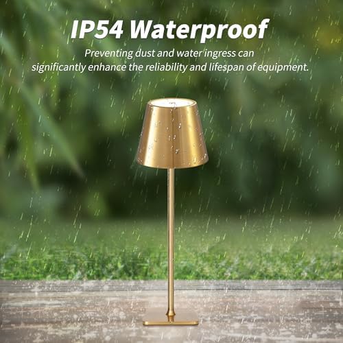 Mr. White Outdoor Waterproof Cordless Wireless Rechargeable Portable Top Touch Battery Operated Powered LED Table Lamp Desk Lamp Lights for Restaurant Kitchen Patio Dinner Dining (Gold)