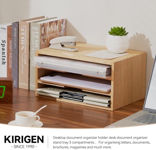 KIRIGEN Wooden Desk Organizer 3-Tier Letter Tray and Paper Sorter, Natural