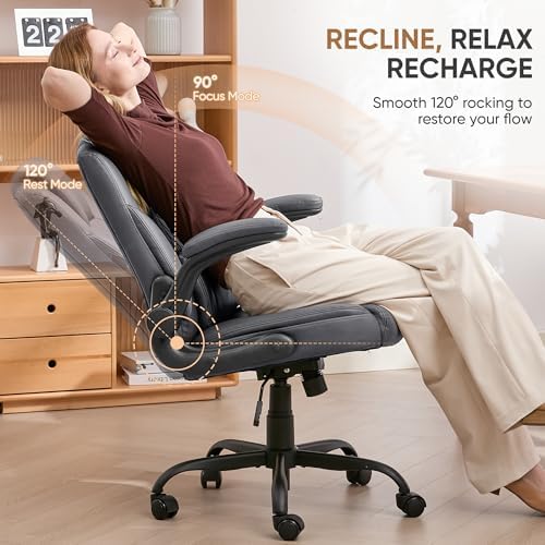 Home Leather Office Chair with Lumbar Support, 5" Padded Seat, Small Rocking Desk Chair, Comfy Computer Chairs with Rolling Wheels & Adjustable Arms for Adults, Grey