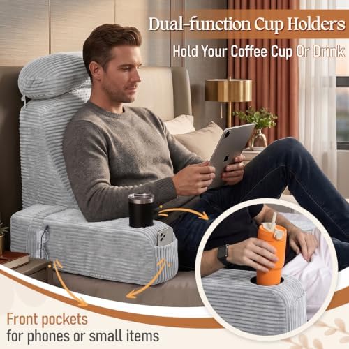 Reading Pillow/Backrest Pillow with Arms, Cup Holder & Phone Pocket