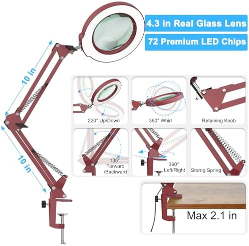 10X Magnifying Glass with Light and Clamp, Real Glass Stand Lighted Magnifier, 5 Color Modes Stepless Dimmable LED Desk Lamp Hands Free for Crafts Hobby Reading Painting Sewing Close Work - Red