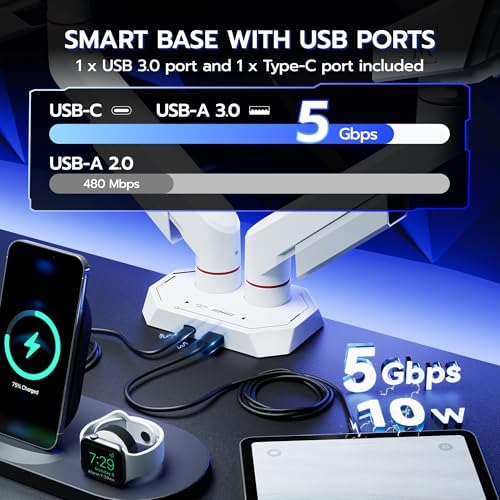ARES WING 17-35 Inch Heavy Duty Dual Monitor Arm with USB, White