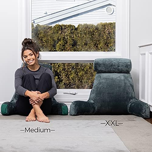 Husband Pillow Medium Reading Pillow with Arms - 23" Backrest for Sitting Up in Bed - Firm Support Bed Rest Pillow for Adults, Neck Roll, Removable Cover - TV, Reading, Lounging - Dark Green