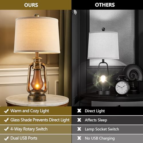 25" Set of 2 Rustic Lantern Table Lamps for Living Room Bedroom, 2 USB Ports Farmhouse Vintage Bedside Desk Lamp Nightlight for Entryway Office End Table, 4 Bulbs Included
