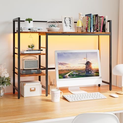 HavenlyYouth Desk Shelf with LED Light Strip, 3-Tier Storage Desktop Organizer Shelf, 38.6" Wood Desktop Bookshelf for Computer Monitor, Desk Hutch for Home Office Dorm, Rustic