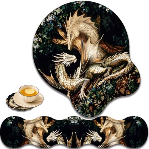 Ergonomic Keyboard Wrist Rest & Mouse Wrist Support Set with Lace Coaster, Gel Memory Foam Anti-Slip Base, Pain Relief for Typing, Dragon