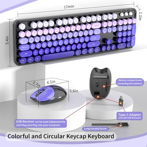 Wireless Keyboard and Mouse, 104 Round Keycaps Retro Typewriter Purple