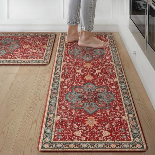 GENIMO Christmas Kitchen Mats for Floor, Anti Fatigue Mats 2PCS,New Red