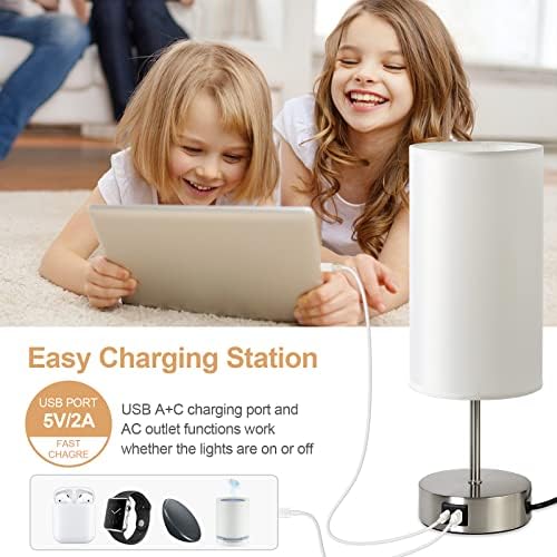 Yarra-Decor Bedside Lamp with USB A+C Charging Ports & AC Outlet Touch Control Table Lamp for Bedroom 3 Way Dimmable Nightstand Lamp with Round Shade for Home Office, Dorm(Bulb Included)