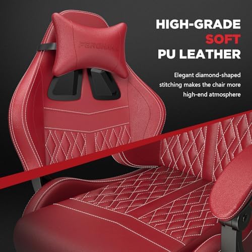 Ferghana Vintage PU Leather Gaming Chair, High Back Gamer Chair with Massage, Ergonomic Computer Office Chair with Footrest for Adults, Racing Style Reclining Video Game Chair Bright Red