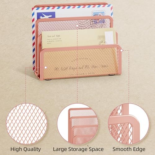 Marbrasse Mail Organizer for Desk, 3-Slot Mesh Metal Mail Holder countertop, Letter Holder, Office Desktop Envelope and Document Storage Rack (Rose Gold)