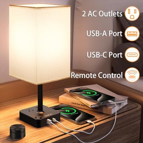 Bedroom Nightstand Lamp with Charger, Touch Table Lamps with Remote Control