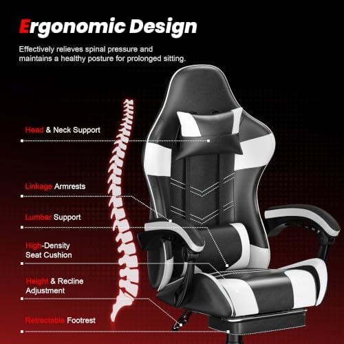Gaming Chair with Footrest, Ergonomic Video Game Chair for Adults, White