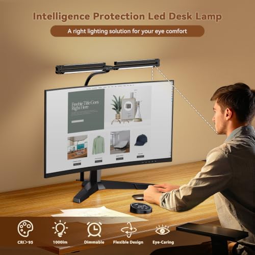 Pzloz Led Desk Lamps for Home Office - Eye Caring Architect Lamp with Clamp, Double Head Computer Monitor Work Desk Light with Remote Control: 24W Flexible Dimmable Desktop Table Lamp