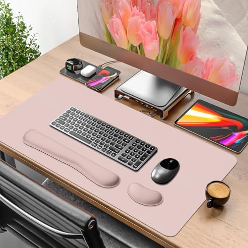 Mouse Pad and Keyboard Wrist Rest, Large Keyboard and Mouse Pad Set, Ergonomic Mousepad with Wrist Rest, Non-Slip Desk Mat Protector for Office, Home (35.4×15.7 Inches, Pink)
