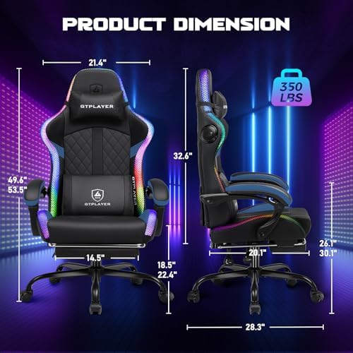GTPLAYER RGB Gaming Chair with Speakers, Computer Gamer Chair with Footrest and LED Lights, PC Gamer Chairs for Adults, High Back Reclining Office Chairs, Linkage Armrest (Blue, with Speakers)