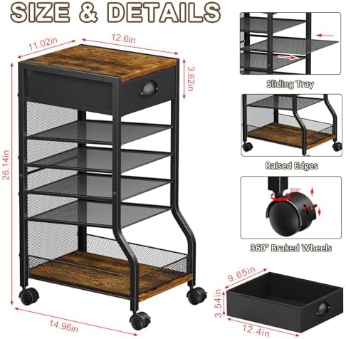 keomaisyto 6-Tier Rolling File Cart with Drawer, Under Desk Storage with Paper Letter Sliding Trays, Standing File Organizer with Wheels, Slim Workspace Organizers for Office/Home/School/Study