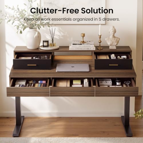 60" Standing Desk with 5 Drawers, Electric Adjustable Home Office Desk