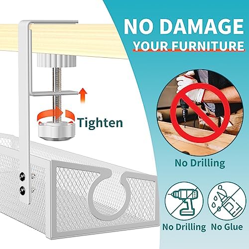 Under Desk Cable Management Tray White, No Drill Desk Cable Management Organizer with Clamp for Desk Wire Management, PC Cord Organizer Accessories & Workspace Organizers for Office, Home(2 Pack)