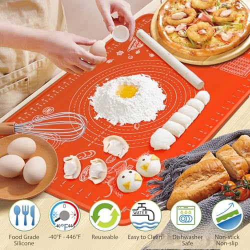 Silicone Baking Mat 32" x 24" Extra Thickness Dough Rolling Mat with Measurements and Edge Heightening, Non-stick Food Grade Silicone Pastry Mat for Pastry, Bread, Cookies, Pizza, Fondant, Pasta-Red