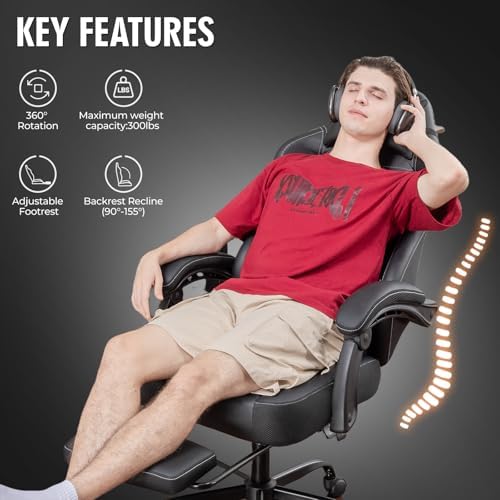 GTPLAYER Gaming Chair for Adults, Big and Tall 300LBS Heavy Duty Office Chair, Ergonomic High Back Lumbar Support and Wide Comfy Cushion with Linkage Armrests, Black
