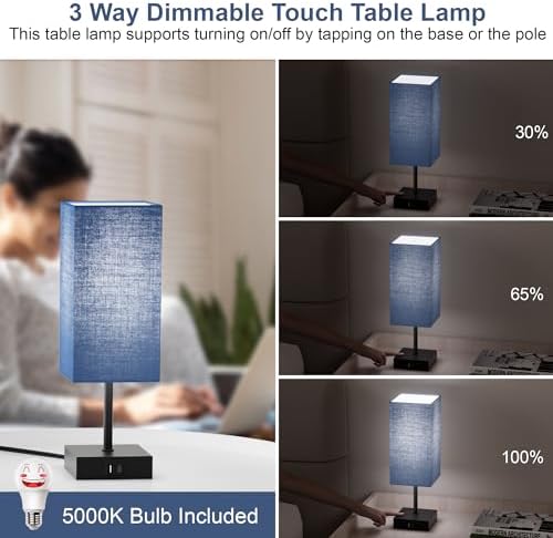 Touch Bedside Table Lamp for Bedroom, 14-Inch, Navy Blue Set of 2