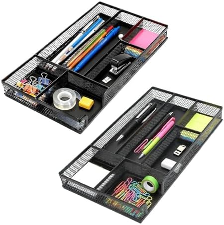 2 Pack Desk Drawer Organizer, Small Metal Mesh Desk Organizer Tray, Pen Pencil Drawer Organizer for Office Supplies, Desktop, Makeup, Vanity