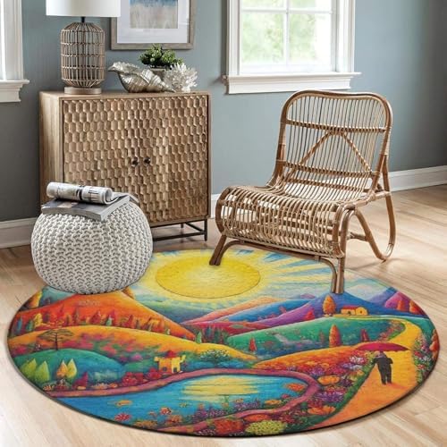 Room Sofa Yoga Soft Round Carpet, Home Decor Non Slip Kitchen Office Circle Rug, Machine Washable Modern Round Area Rug Colorful Red Cottage Landscape Art, 24inch