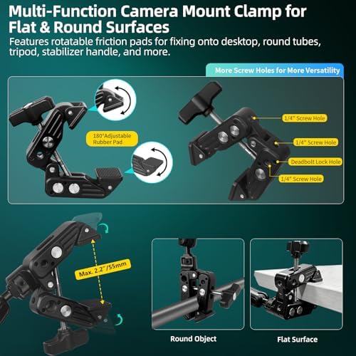22" Magic Arm Clamp, Overhead Phone Mount Holder Stand, Flexible Desk Camera Mount, Articulating Friction Boom Arm with 1/4" 3/8" Threads for Phone, DSLR, Action Camera,Filming, Light, Webcam, Mic