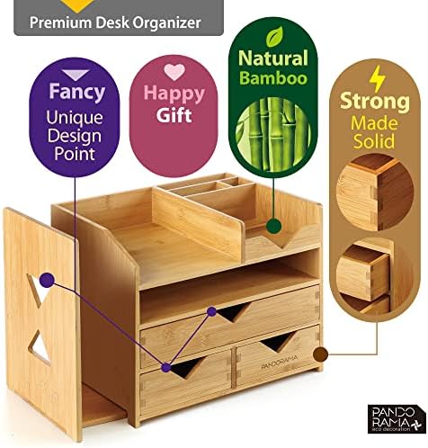 Pandorama Bamboo Desk Organizer Large - A4 Drawers & Adjustable File Holder, Fully Assembled Wood Desktop Storage for Kitchen, Bedroom, Bathroom, Study Room
