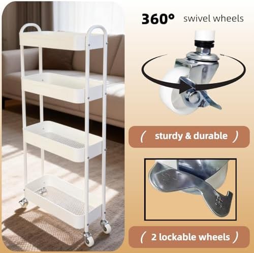4 Tier Slim Kitchen Storage Cart for Narrow Space, 7.1'' Wide Metal Rolling cart with Wheels and Lockable Casters, Sturdy Mobile Thin Shelf for Laundry Room Between Washer and Dryer, White