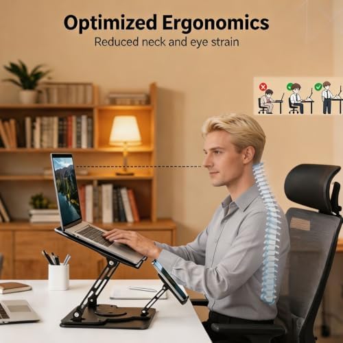 Laptop Stand for Desk with Quiet Cooling Fans - 2-in-1 Rotating Base with Phone Holder, Ergonomic Computer Stand, Aluminum Laptop Riser Foldable for Office Home fits MacBook Air Pro, Dell, HP (silver)