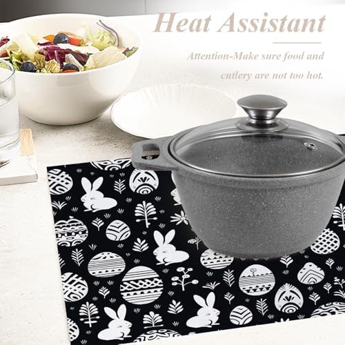 Shrahala Easter Eggs Rabbits Set of 6 12 X 18 Inch Linen Placemats, Black White with Eggs Rabbits Burlap Table Mat Washable Double Layered Heat Insulation for Indoor/Outdoor
