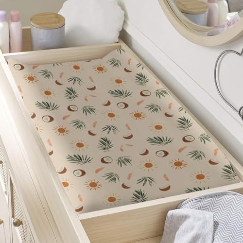 Summer Palm Trees Coconut Sun Pattern Baby Changing Pad Cover, Unisex Summer Theme Nursery Diaper Changing Table Pad Mat Sheet for Boys Girls-16x32