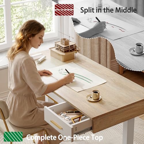 TIQLAB One-Piece Top Electric Standing Desk, 47 x 24 Inch Height Adjustable Sit Stand Desk with Three Drawers for Home Office, Maple