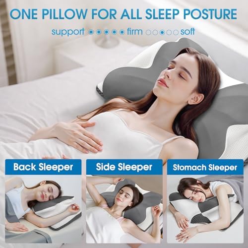 CloudBliss Cervical Neck Pillow for Sleeping, Ergonomic Memory Foam Pillow for Pain Relief Neck Shoulder Support for Side Back Stomach Sleepers, Birthday Gift (Grey, Queen Size)