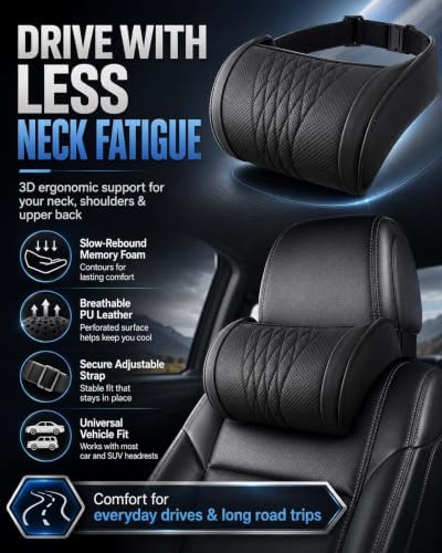 Universal Memory Foam Car Headrest Neck Pillow Adjustable Driving (White)