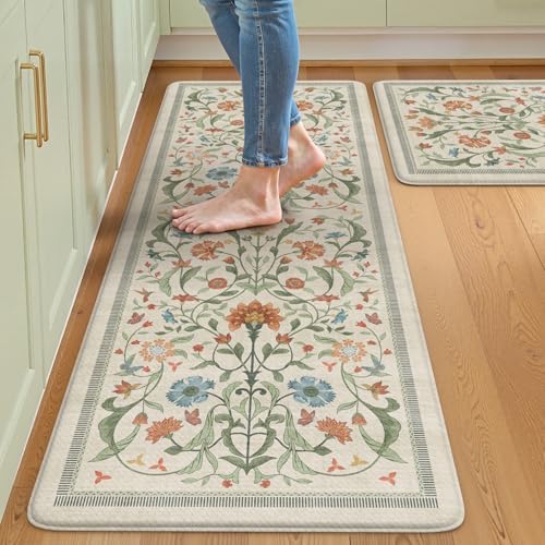 Collive Kitchen Rugs Sets of 2 Non Slip, Beige Anti Fatigue Kitchen Mats