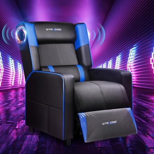 GTRACING Gaming Recliner Chair with Bluetooth Speakers Racing Style Single Gaming Sofa Modern Living Room Recliners Ergonomic Comfortable Massage Home Theater Seating, Blue