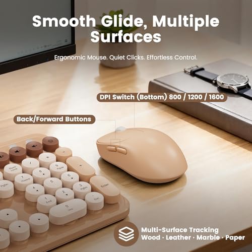 Wireless Keyboard and Mouse Combo, Round Keycap, Tablet Holder, Beige Color