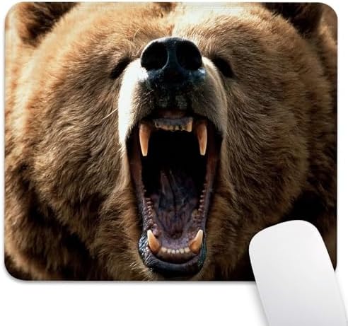 Grizzly Bear Roaring Face Mouse Pad, Wild Brown Bear Stitched Desk Mat