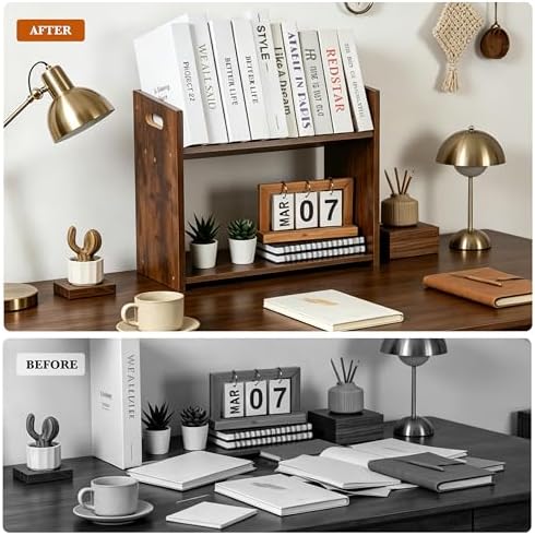 Desktop Bookshelf, 2 Tier Desk Shelf Organizer, Wood Office Tabletop Bookcase, Small Tabletop Book Rack, Portable Mini Bookcase for Book Display, Office, Home, Bedroom, Storage and Display