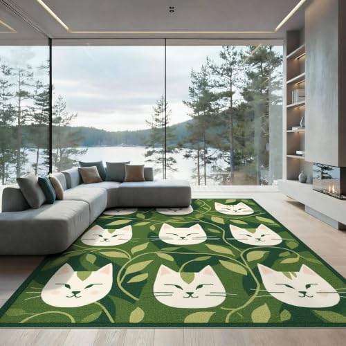 8'x10' Green Cat Forest Faces Interlinked by Ultra-Soft Area Rug