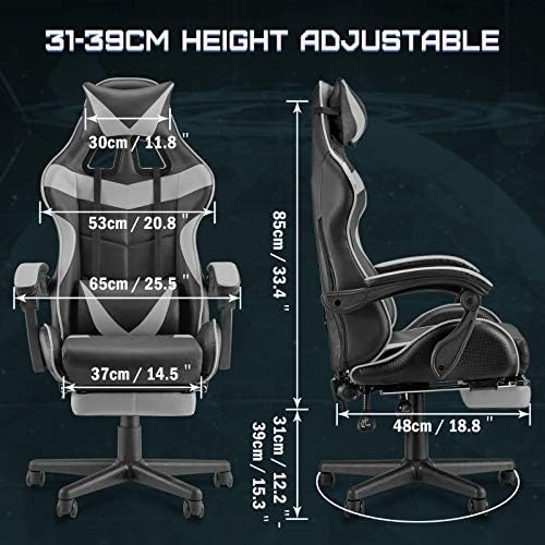 Huracan Gaming Chair with Footrest, Ergonomic Computer Chair Lumbar Support, Adjustable High Back Recliner for Adults, Racing Style Video Gaming Chairs, for Home Office Streaming, Grey