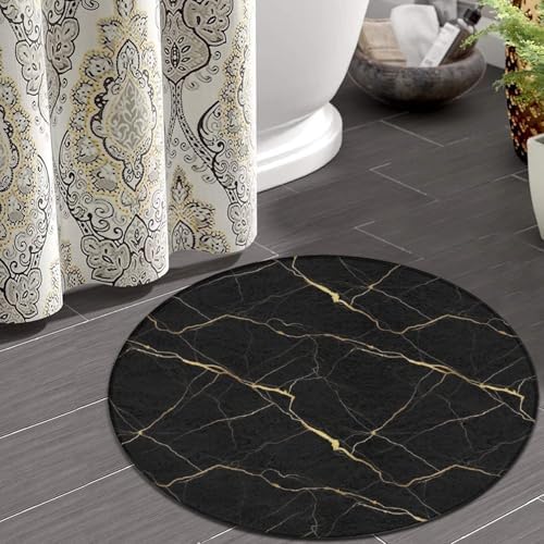 Large Machine Washable Circular Rugs, Home Decor Round Mat for Living Room Sofa Office Black Marble Gold Texture, 24inch