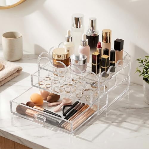 Scalloped Clear Acrylic 2-Drawer Organizer with Removable 9-Compartment Divider, 5" x 5" x 2.7" Vanity Storage for Earrings, Sewing Pins, Tiny Beads and Small Desk Accessories