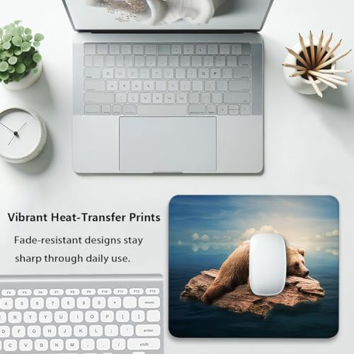 Grizzly Bear Mouse Pad, Wild Animal Resting on a Rock Calm Water Desk Mat