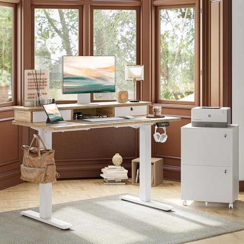 TIQLAB Standing Desk with Two Drawers, Stand Up Standing Desk Adjustable Height, Electric Sit Stand Table with Storage Shelf and Splice Board, 55 * 28 inch, Maple