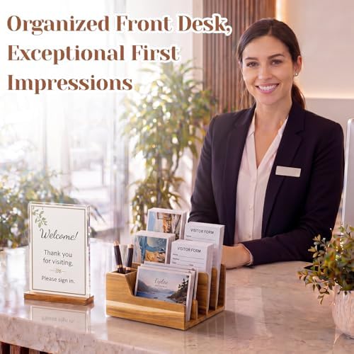 Novabright Acacia Wood Desk Organizer with Pen Holder, 5 Slot Mail Sorter